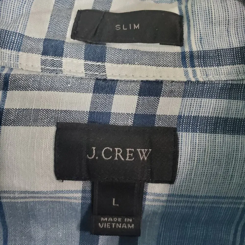 J. Crew Slim End-On-End Linen Blend Plaid Long Sleeve Button Down Shirt Sz Large